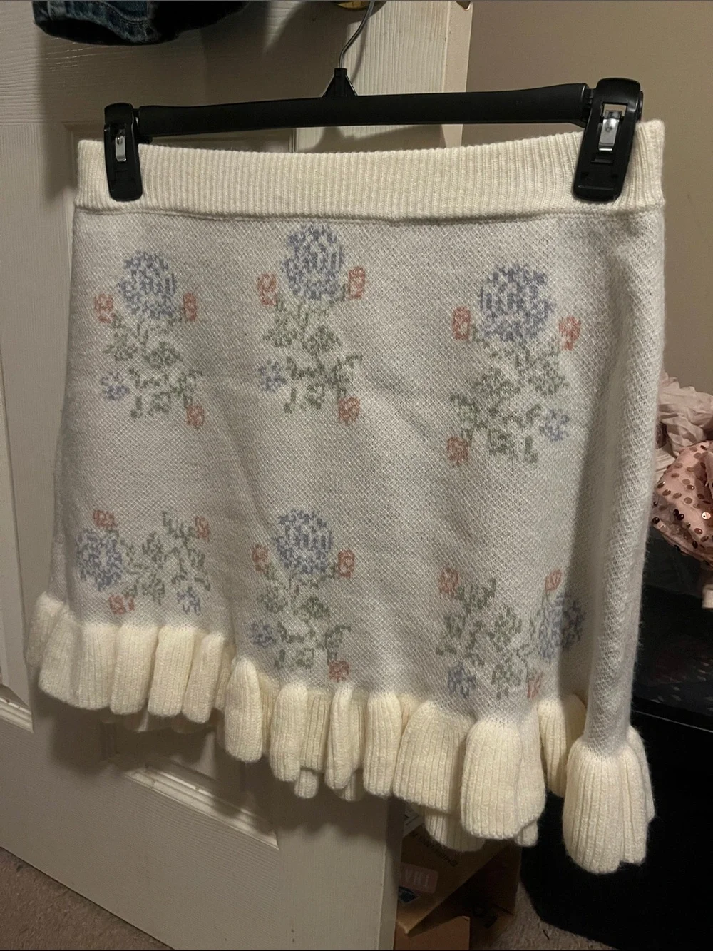 Ivory Floral Knit Mini Skirt with Ruffle Hem